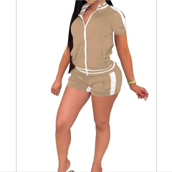 The Set Women's Mocha Cold Shoulder Zip Up Track 2 Pc Short Set Size Large - Picture 5 of 11